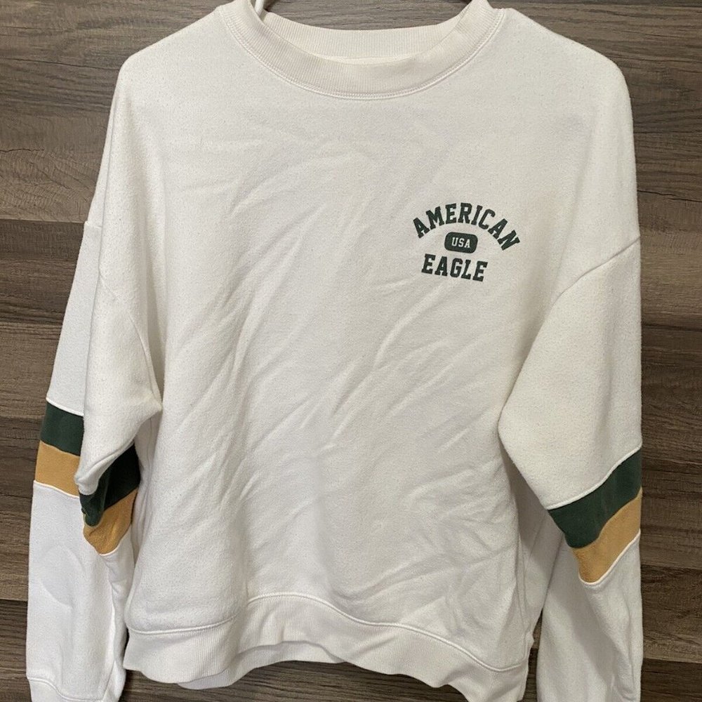 American Eagle White Crewneck Sweater Size Large Green yellow Striped sleeve